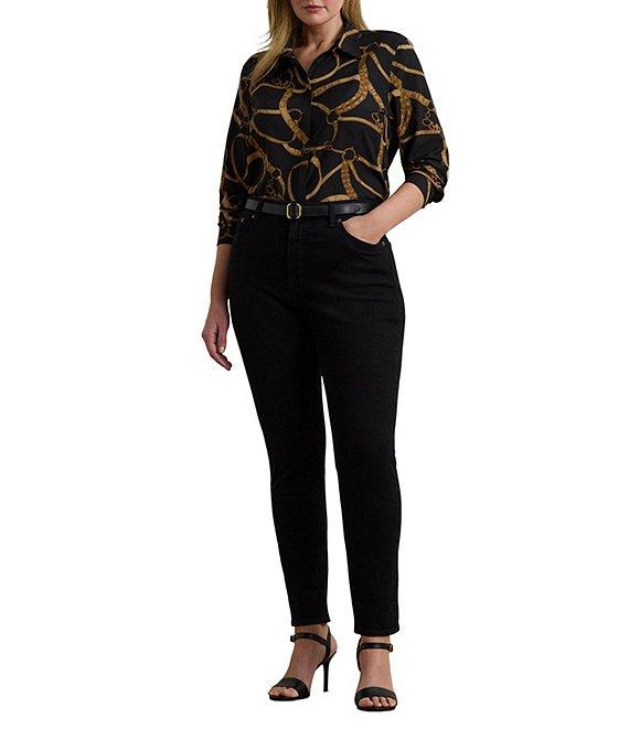 Lauren Ralph Lauren Plus Size Crepe de Chine Belting Print Point Collar Long Sleeve Button Front Shirt Product Image