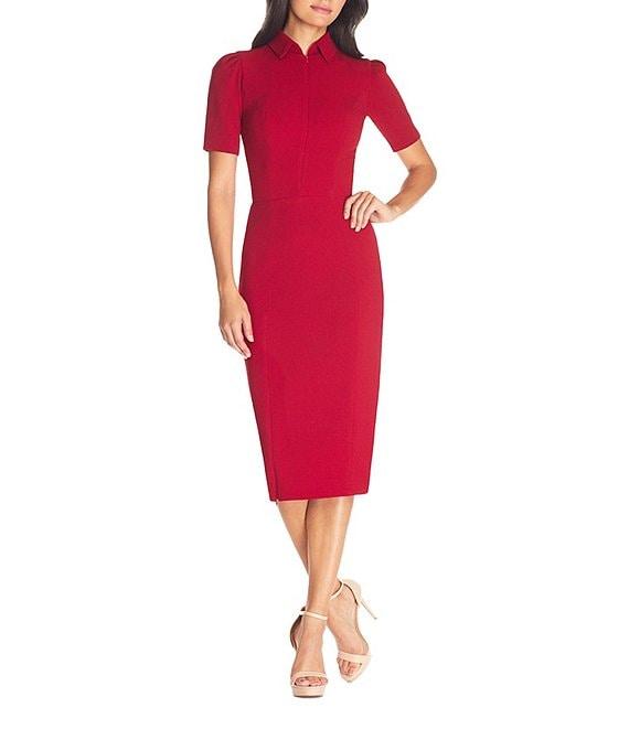 Dress the Population Gloria Front Zip Collar Neck Short Sleeve Side Zip Slit Midi Dress Product Image