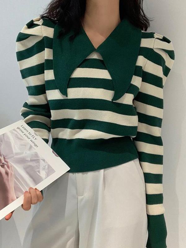Striped Puff Sleeve Knit Sweater Product Image