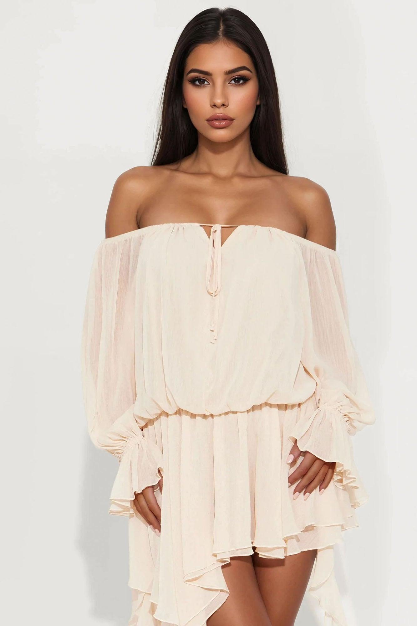 Sultry Spirit Chiffon Mini Dress - Cream Female Product Image