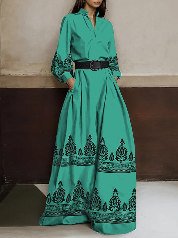 Long Sleeves Loose Buttoned Pleated Pockets Printed Stand Collar Jumpsuits Product Image