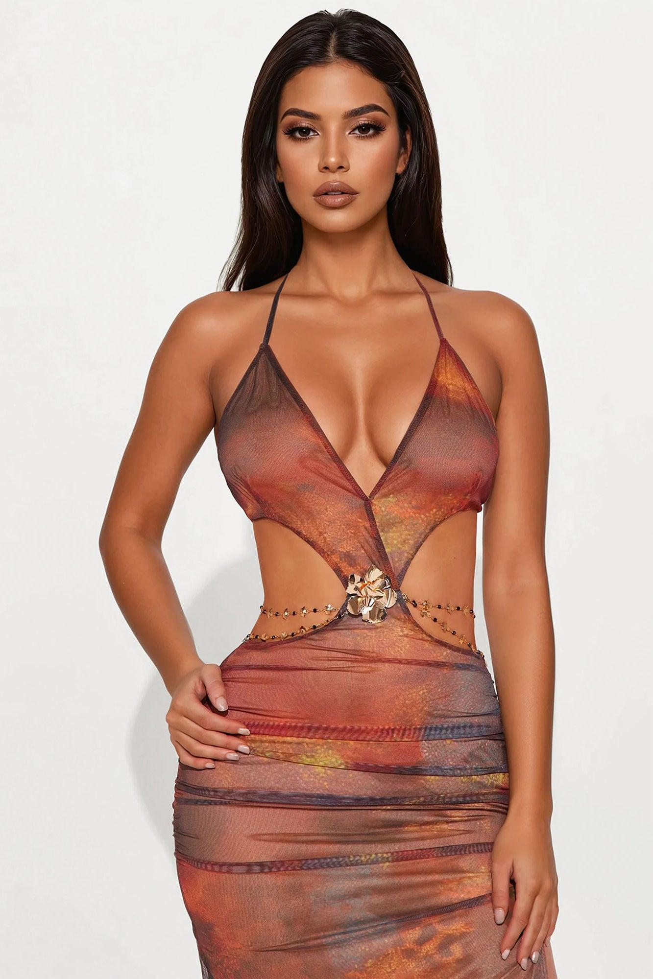 Christina Mesh Abstract Maxi Dress - Rust/combo Product Image