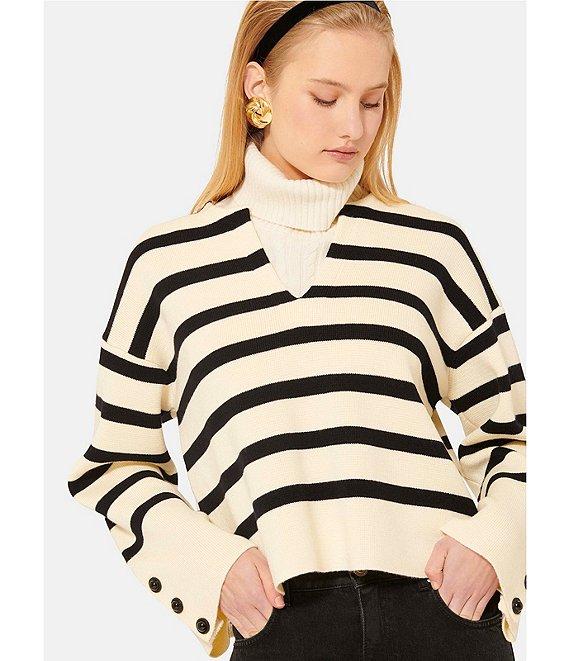 Tara Jarmon Plongeoir Wool Knit Stripe V-Neck Long Sleeve Button Cuff Sweater Product Image