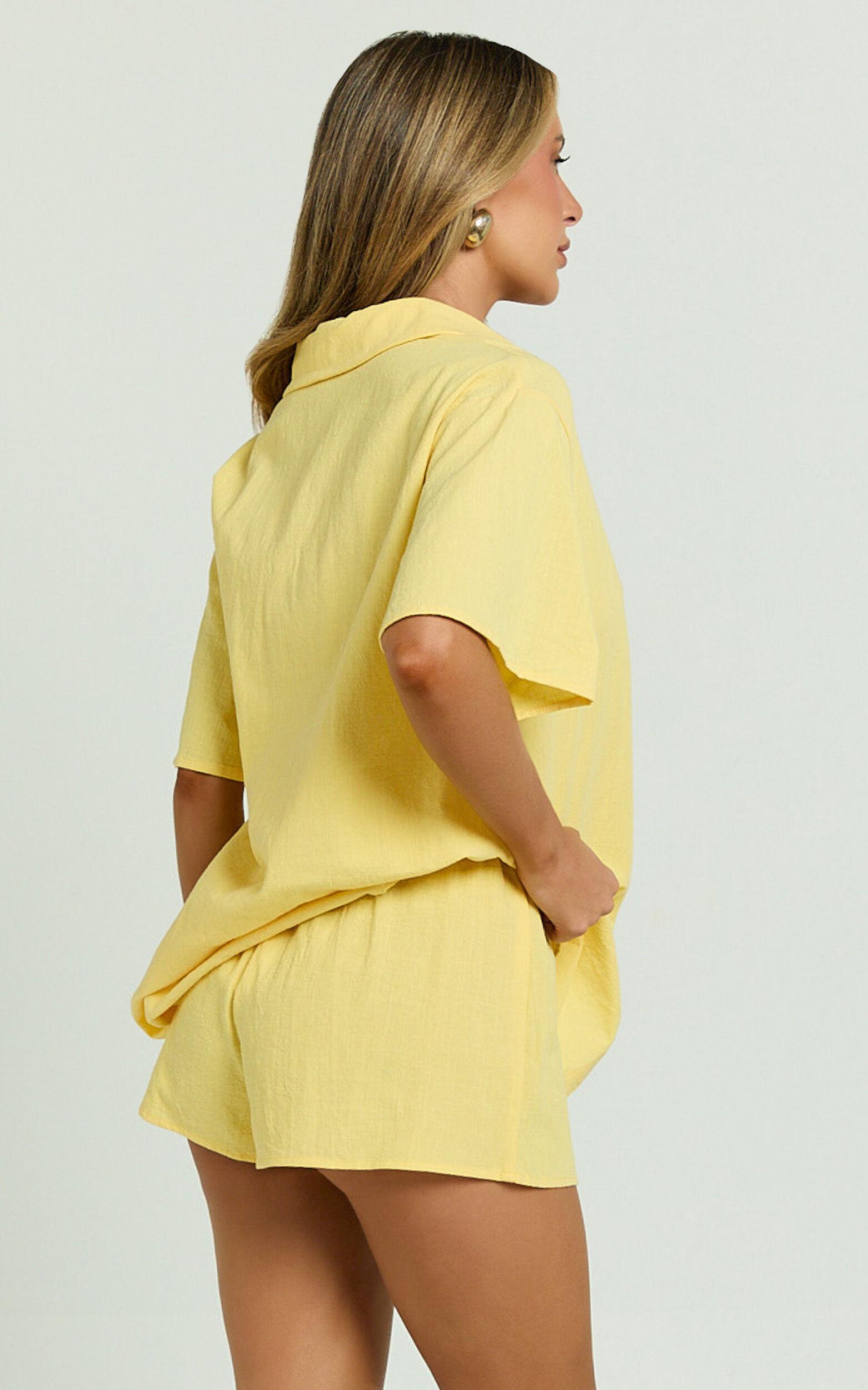 Vina Del Mar Two Piece Set - Linen Look Shirt and Shorts Set in Yellow Product Image