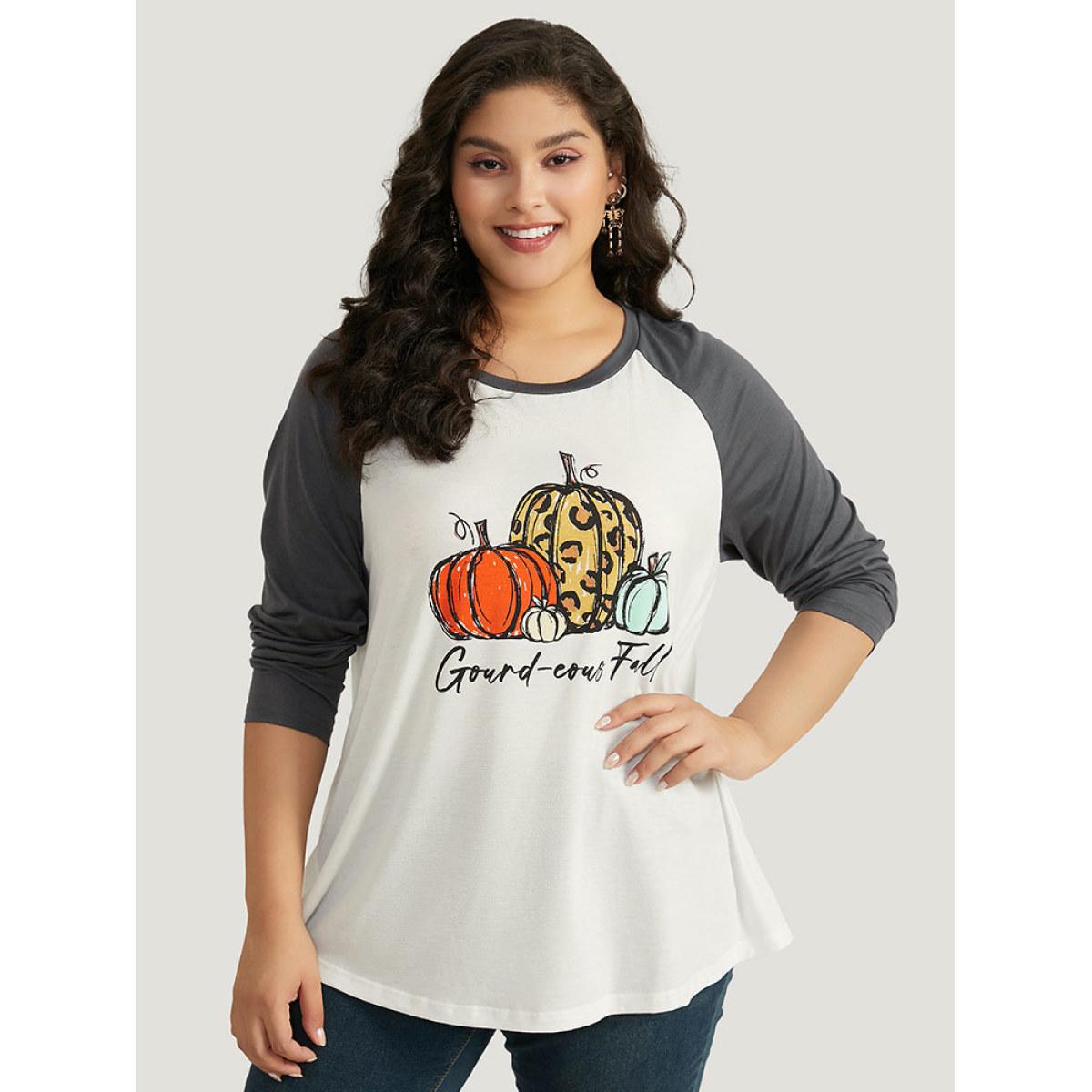 Plus Size Halloween Pumpkin & Letter Print Raglan Sleeve T-shirt White Women Casual Contrast Halloween Festival-Halloween T-shirts BloomChic 12/L Product Image
