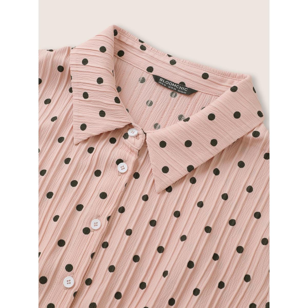 Plus Size Polka Dot Textured Elastic Waist Button Up Dress MistyRose Women At the Office Non Shirt collar Elbow-length sleeve Curvy Midi Dress BloomChic 14-16/1X Product Image