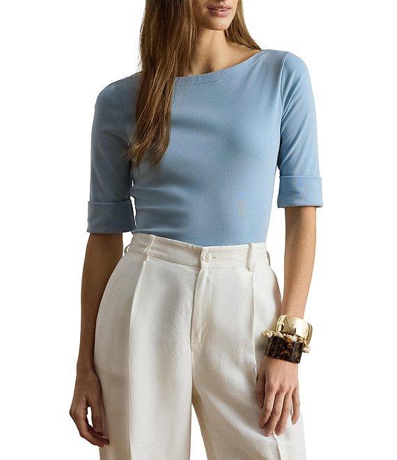 Lauren Ralph Lauren Petite Size Stretch Cotton Knit Boat Neck Elbow Sleeve Tee Product Image