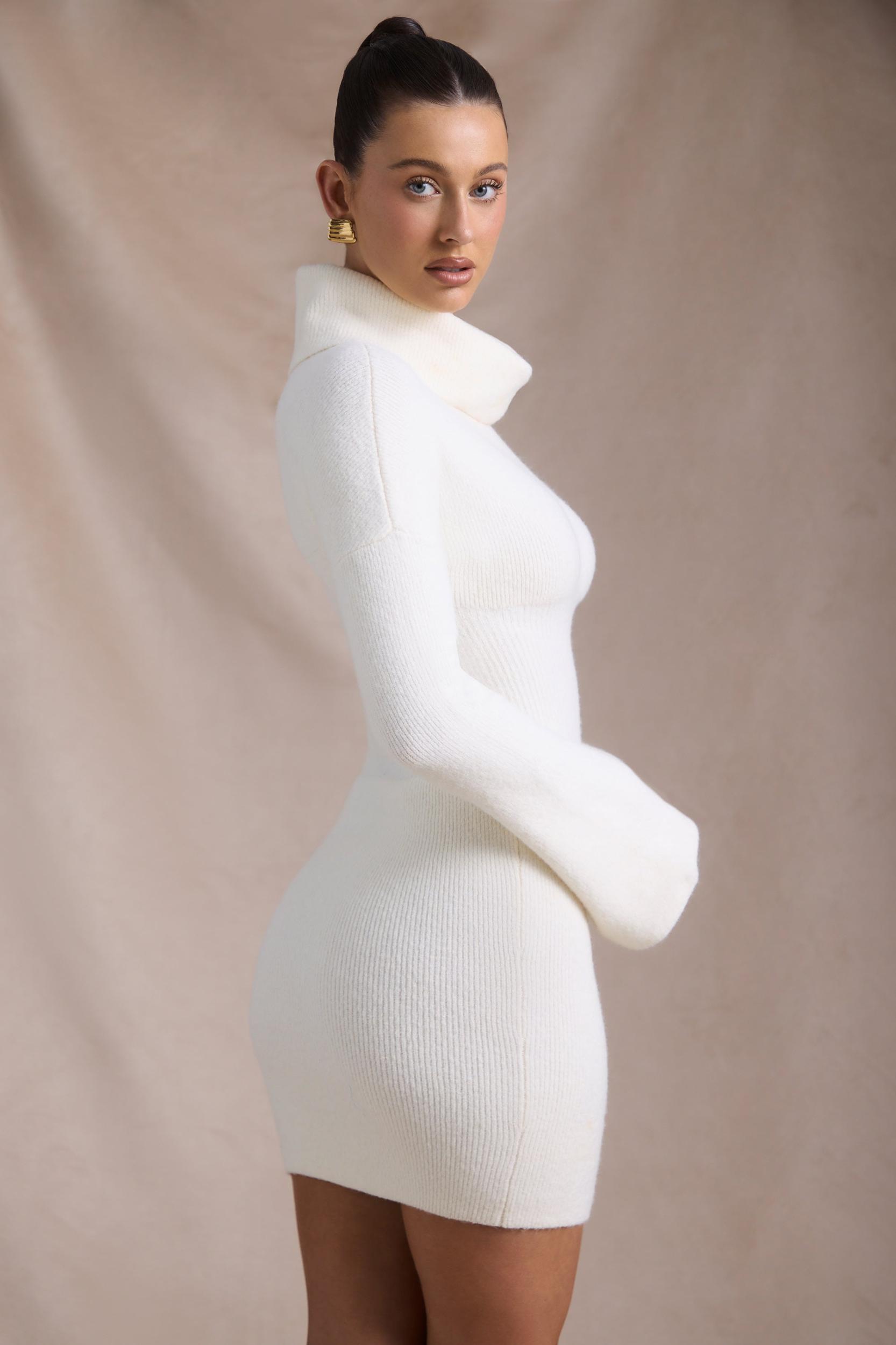 Ribbed-Knit Turtleneck Mini Jumper Dress in Ivory Product Image