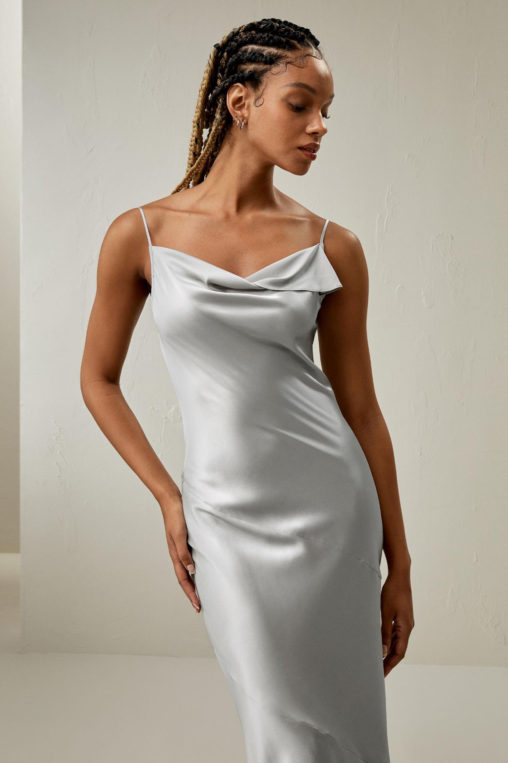 Cowl Neck Oblique-layered Silk Dress Product Image