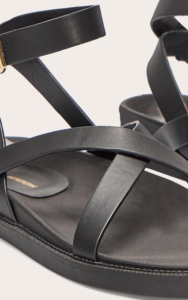 Black Pu Round Toe Gold Toe Loop Strappy Footbed Sandals Product Image