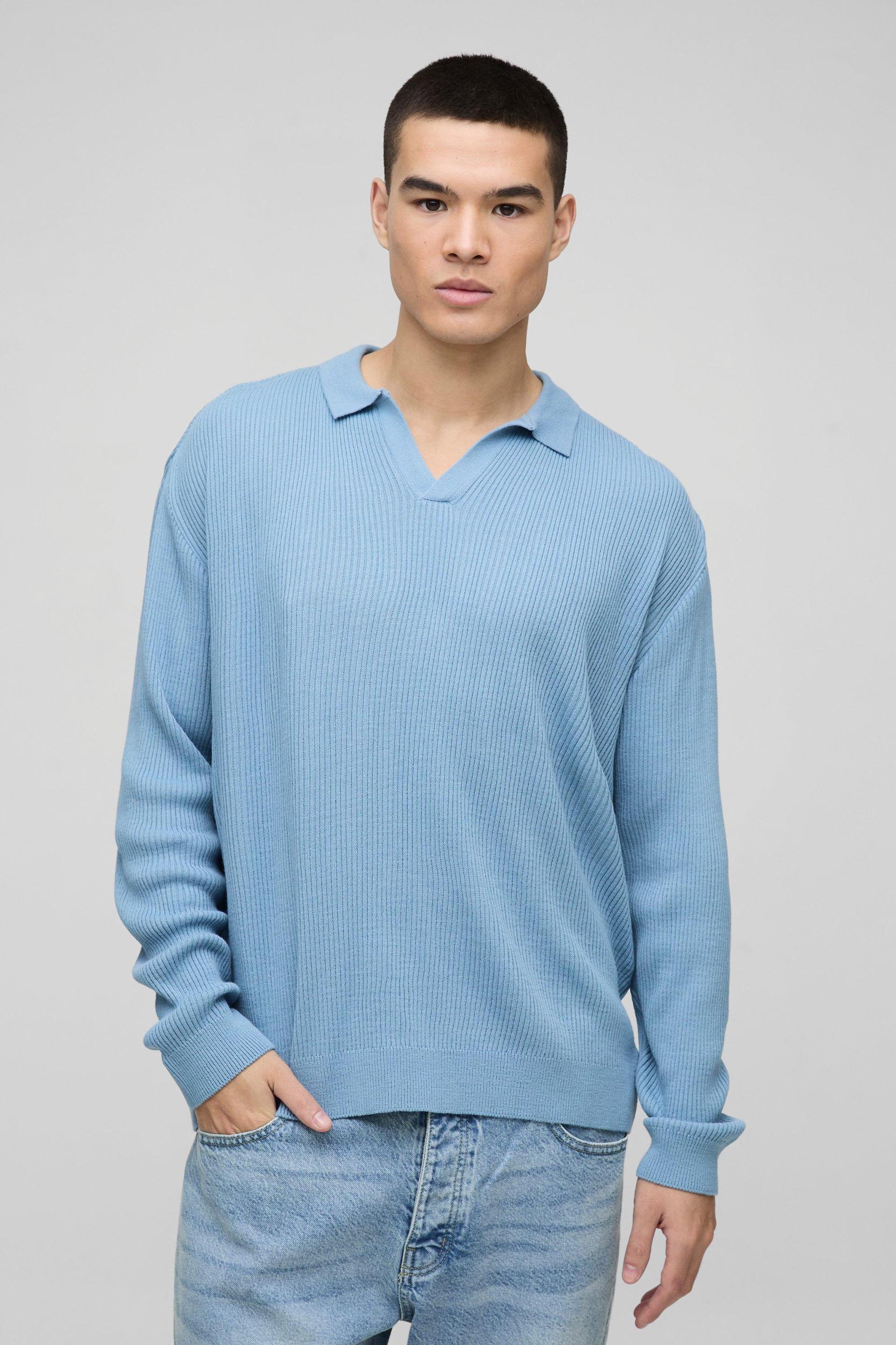 Oversized Ribbed Revere Neck Knitted Polo | boohooMAN USA Product Image