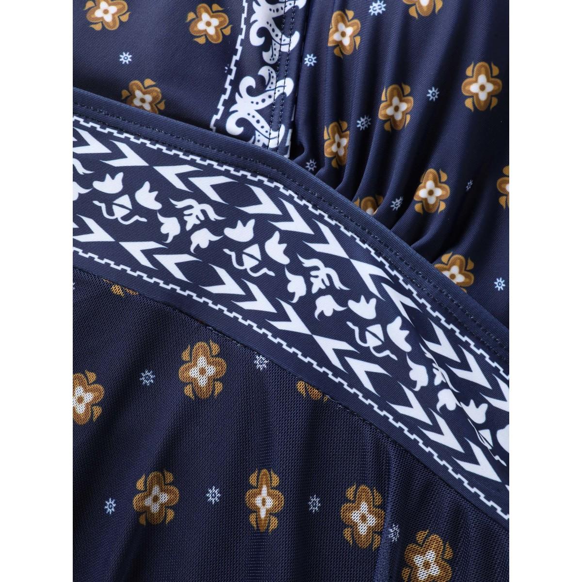 Plus Size Sheer Boho Print Surplice Swim Dress Women's Swimwear Indigo Resort Bodycon Overlap Collar High stretch Curve Swim Dresses BloomChic 18-20/2X Product Image