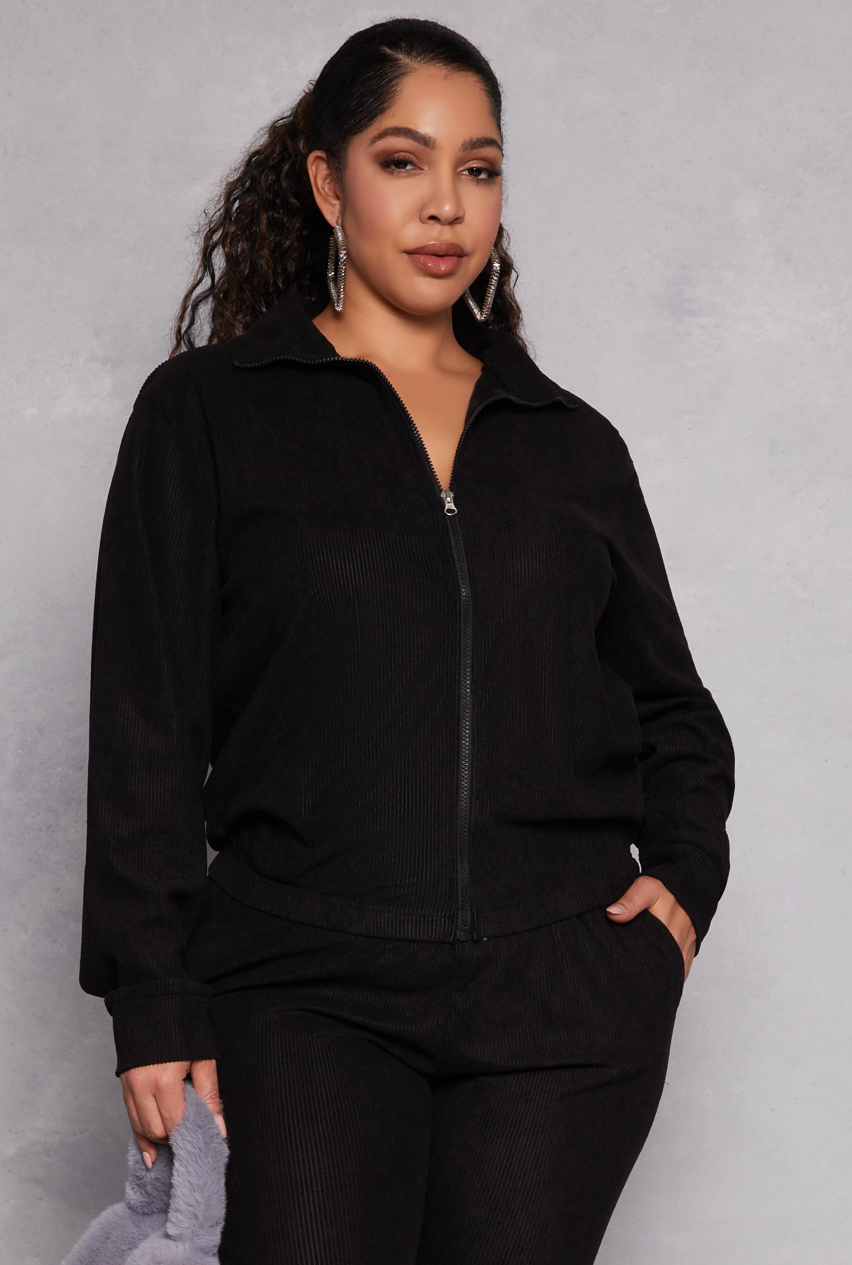 Womens Plus Size Ribbed Knit Zip Front Sweatshirt Product Image