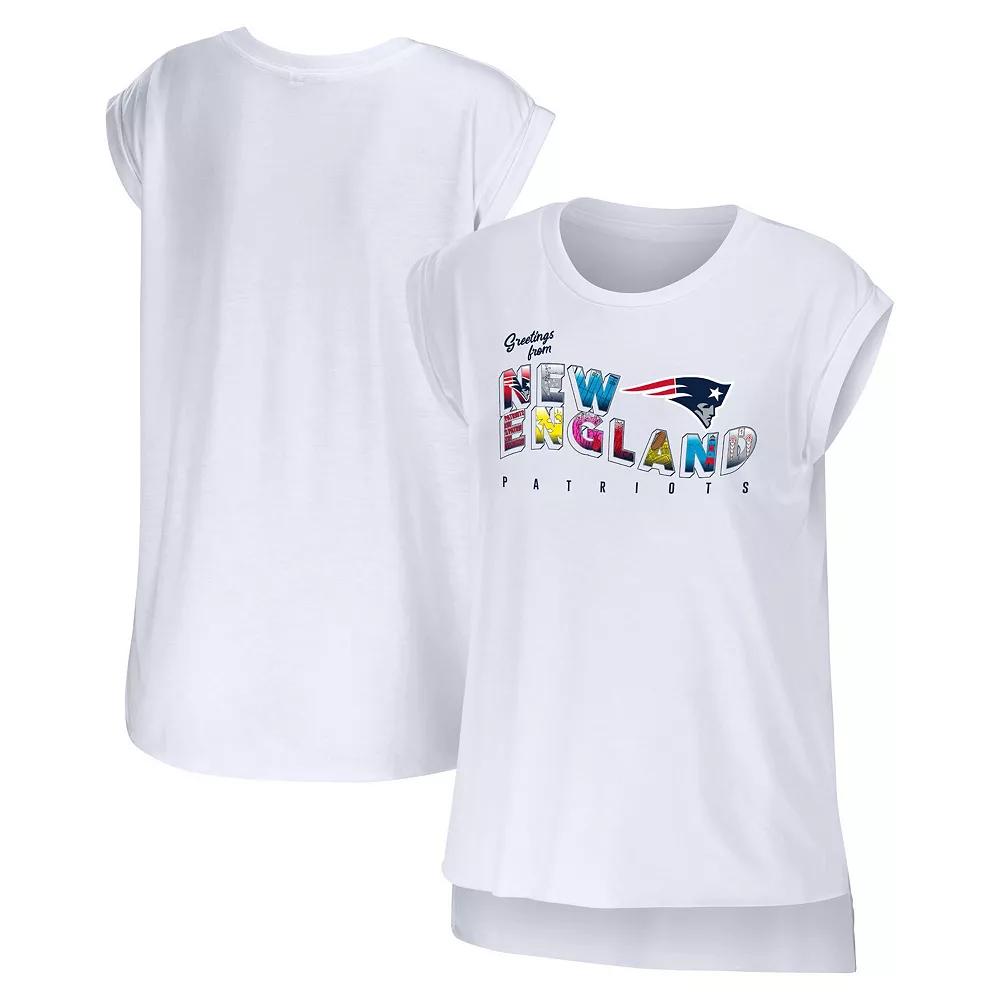 Women's WEAR by Erin Andrews White New England Patriots Greetings From Muscle T-Shirt,  Product Image