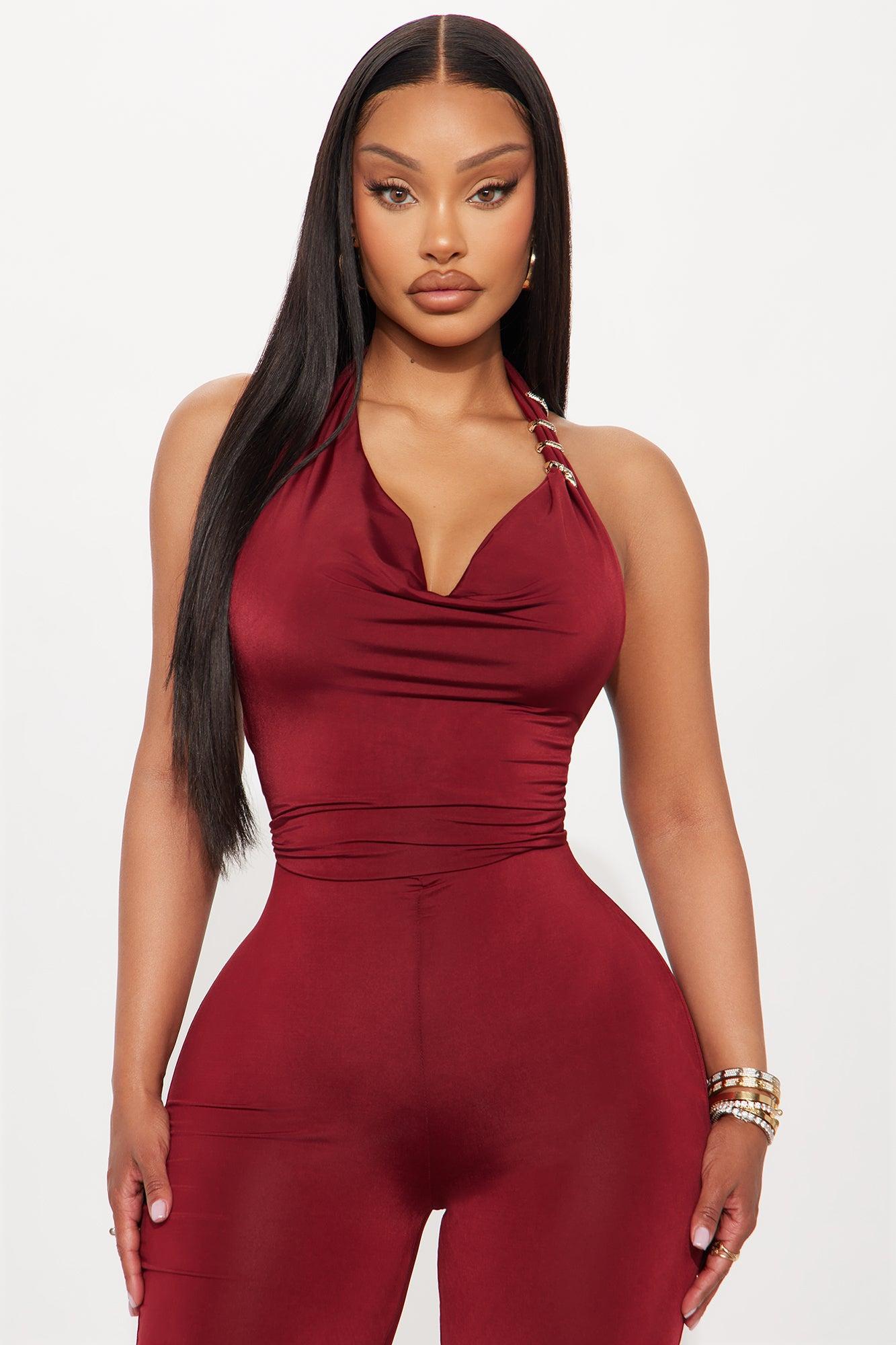 Snake's Kiss Halter Wide Leg Jumpsuit - Burgundy Female Product Image