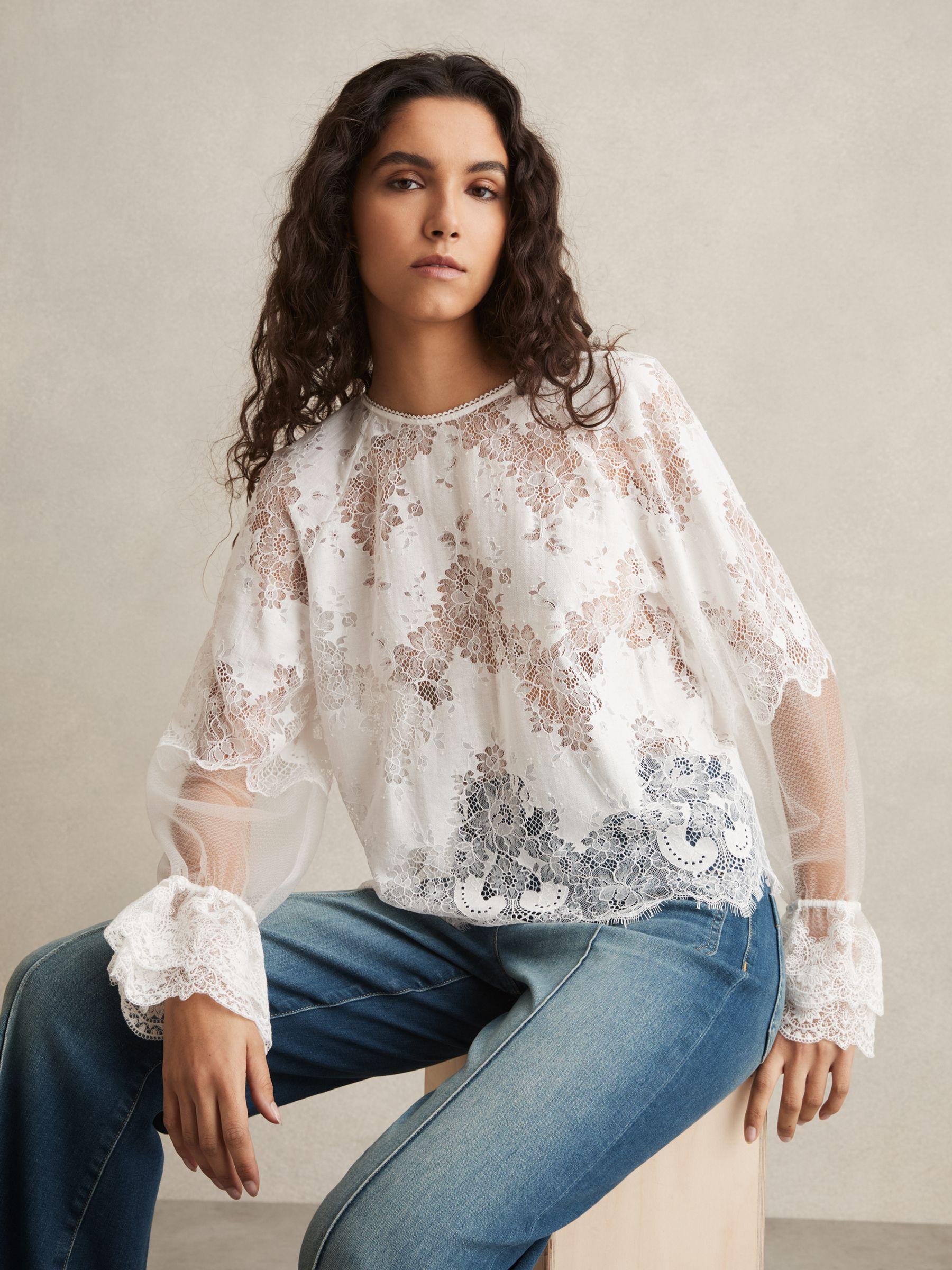 Lace Flared-Cuff Blouse in Ivory Product Image