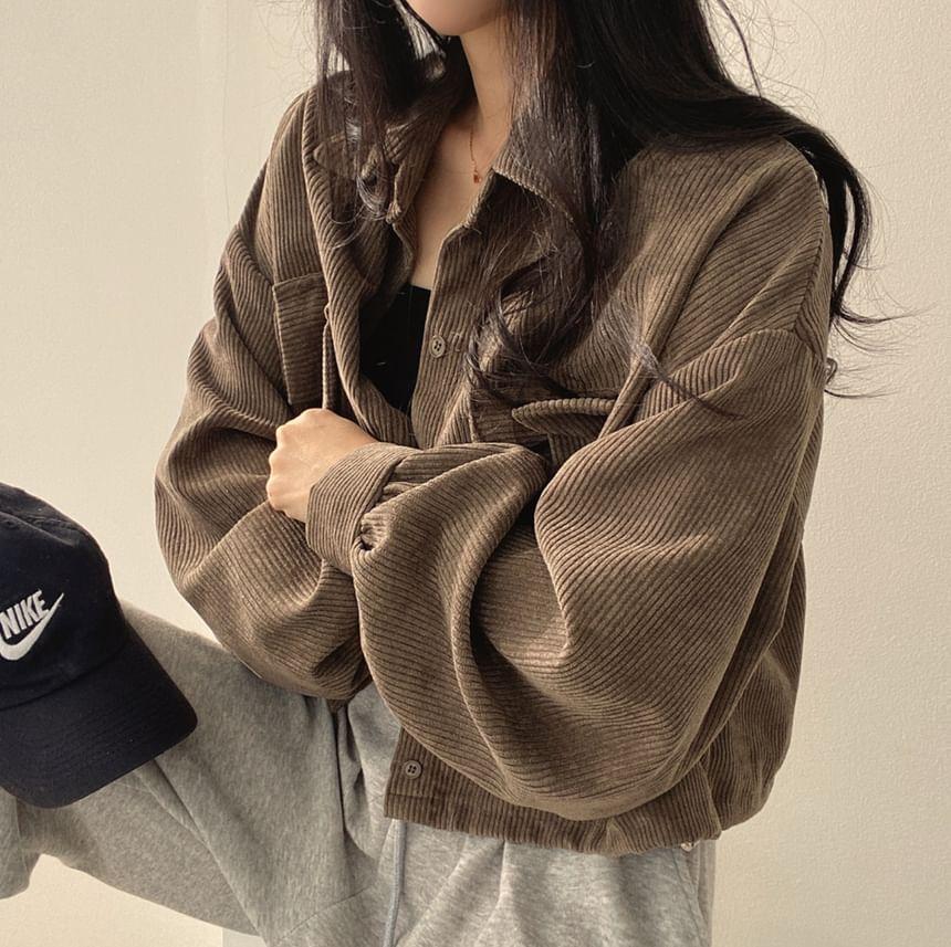 Plain Corduroy Loose-Fit Crop Shirt Jacket Product Image
