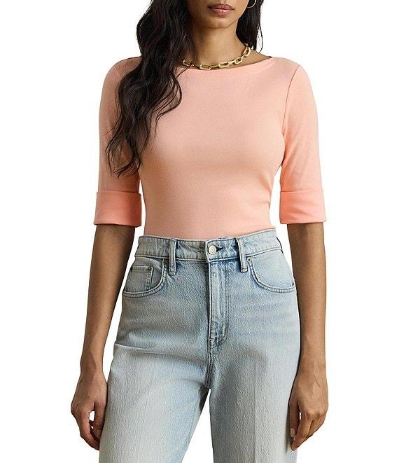 Lauren Ralph Lauren Petite Size Stretch Cotton Knit Boat Neck Elbow Sleeve Tee Product Image