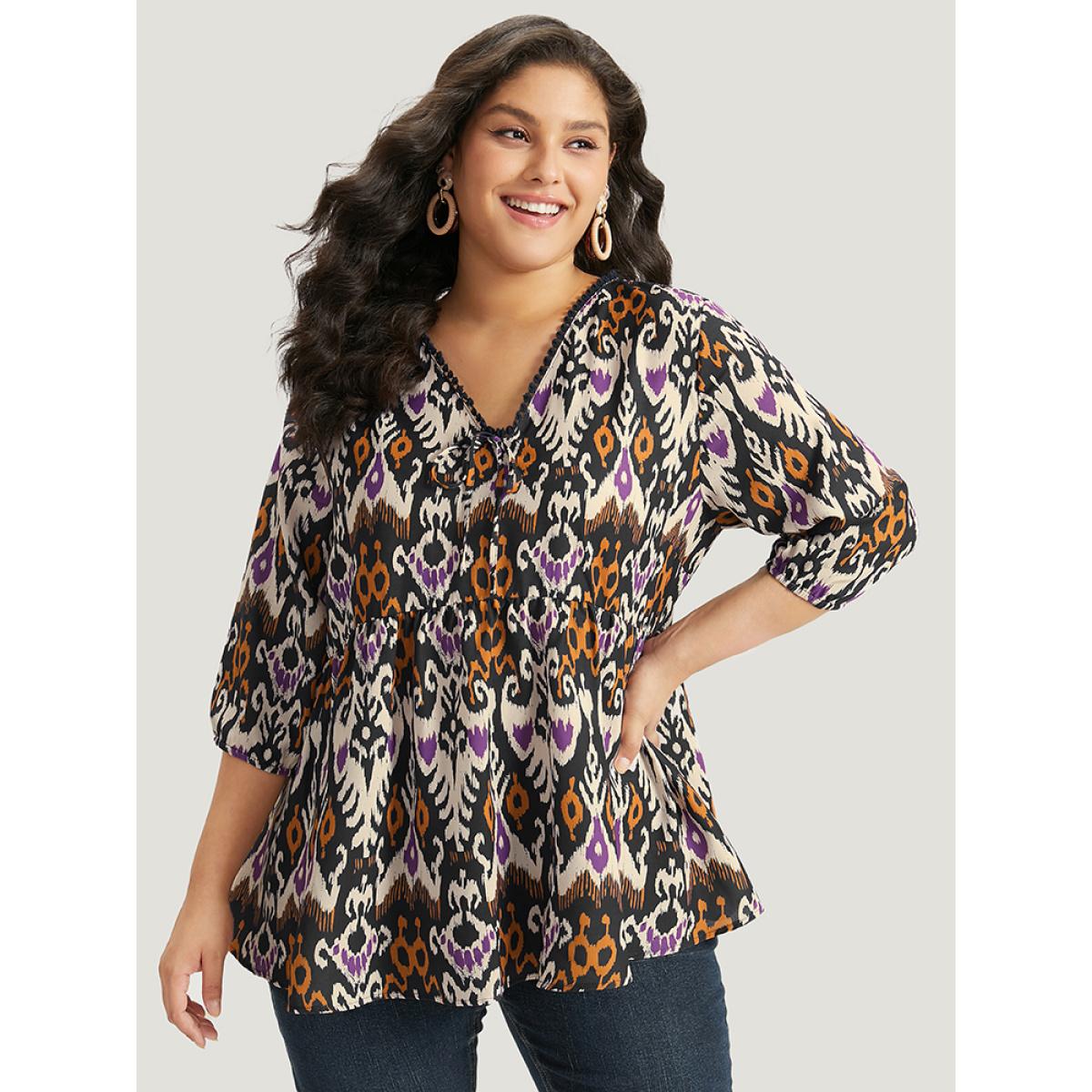 Plus Size Black Bandana Print Ties Pompom Trim Blouse Women Vacation Elbow-length sleeve V-neck Dailywear Blouses BloomChic 30/6X Product Image