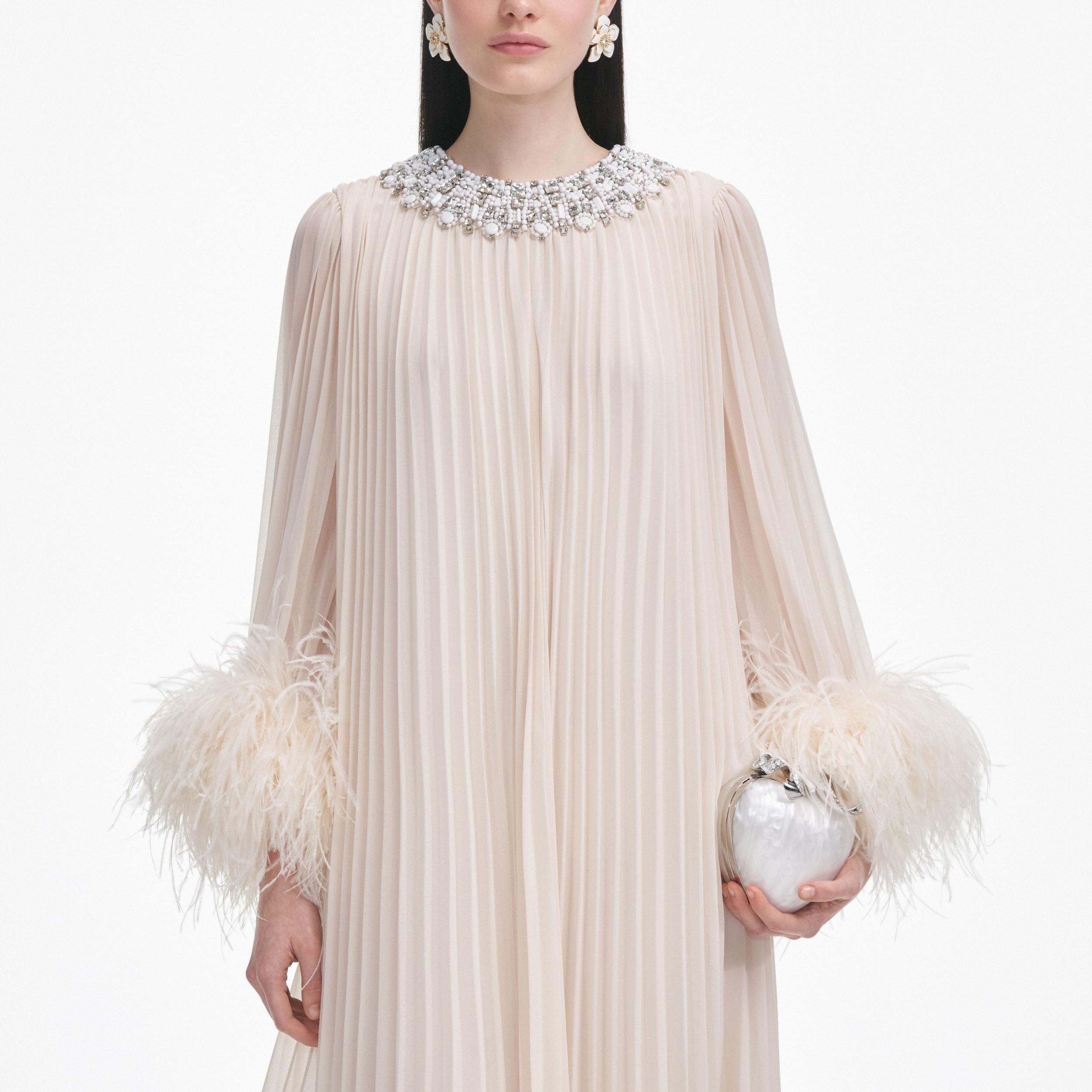 Cream Chiffon Feather Midi Dress Product Image