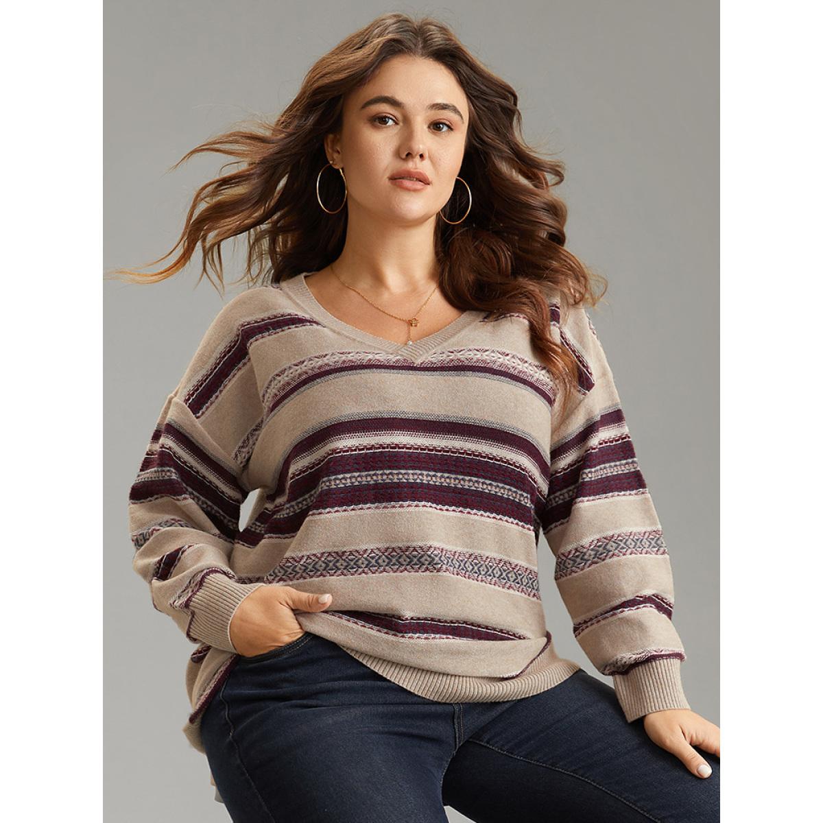 Plus Size Supersoft Essentials Striped Print Drop Shoulder Pullover LightBrown Women Casual Loose Long Sleeve Deep V-neck Everyday Pullovers BloomChic 10/M Product Image