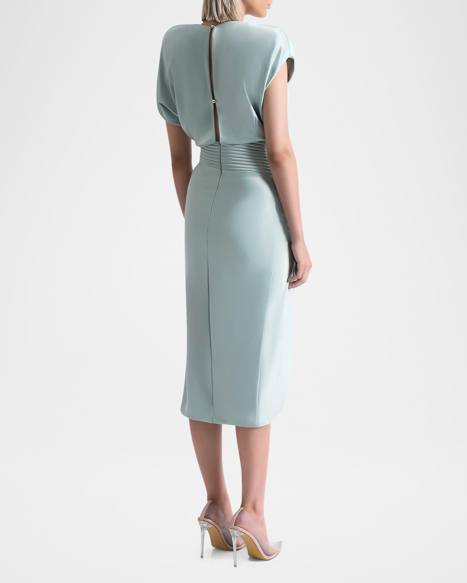Bond Draped Stretch Satin Midi Sheath Dress Product Image