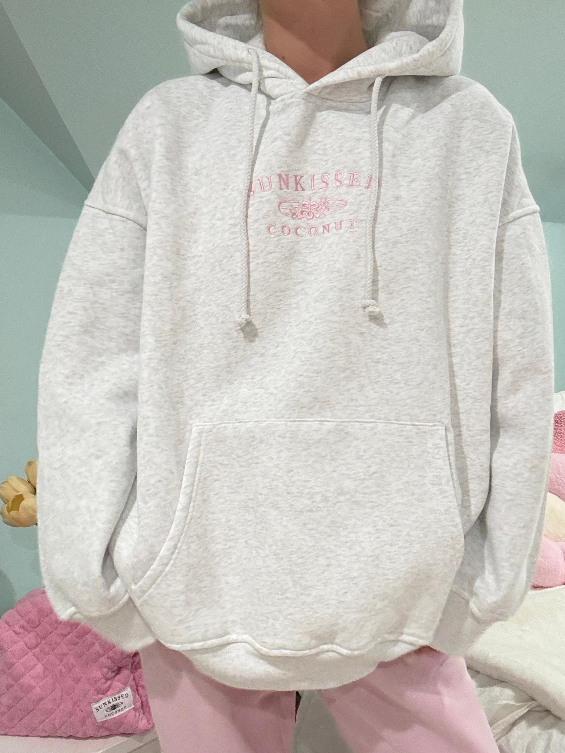 Pearl Grey and Pink Thread Sunkissedcoconut Logo Embroider Hoodie Product Image