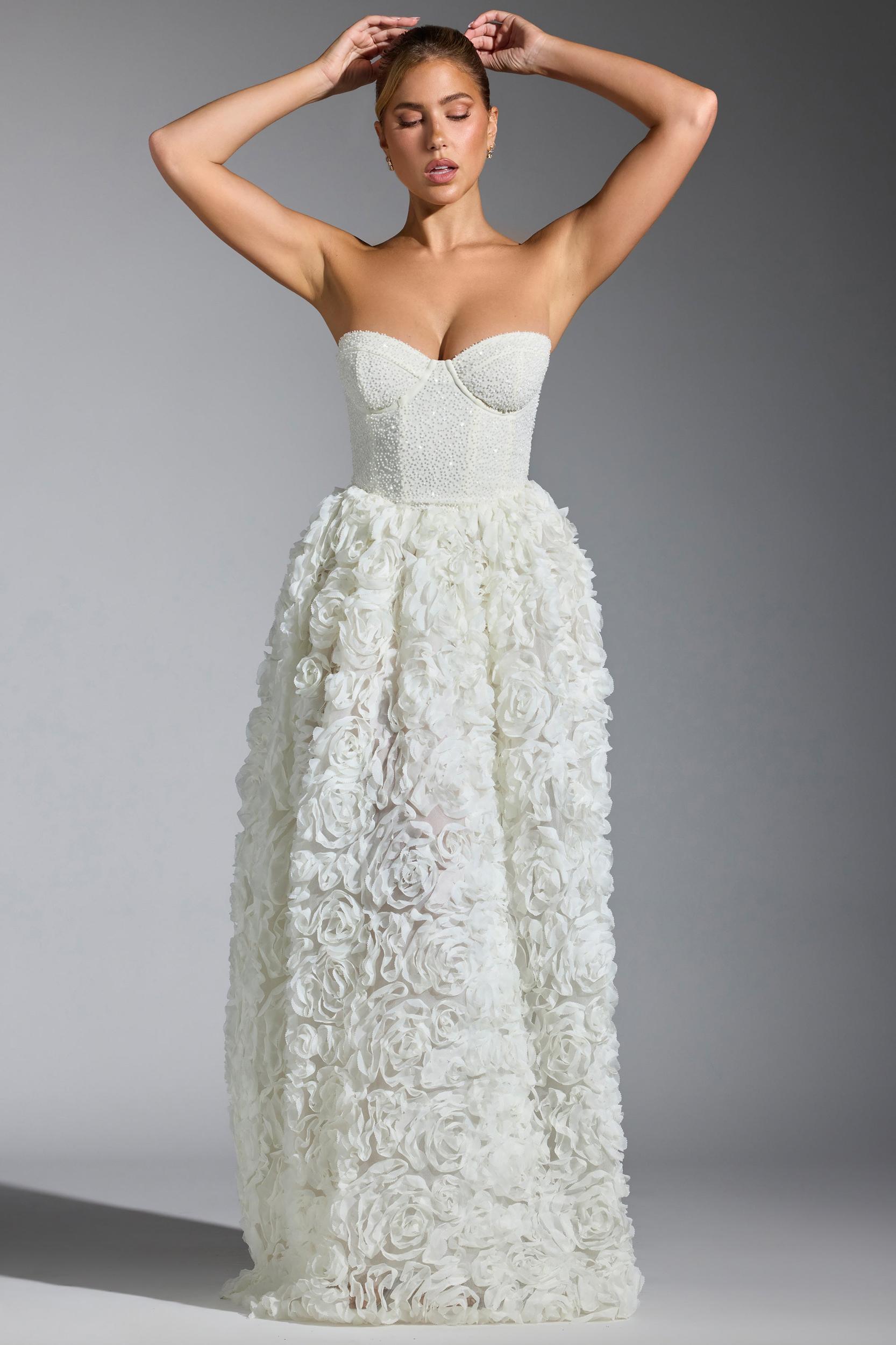 Embellished Floral-Appliqué Corset Gown in White Product Image