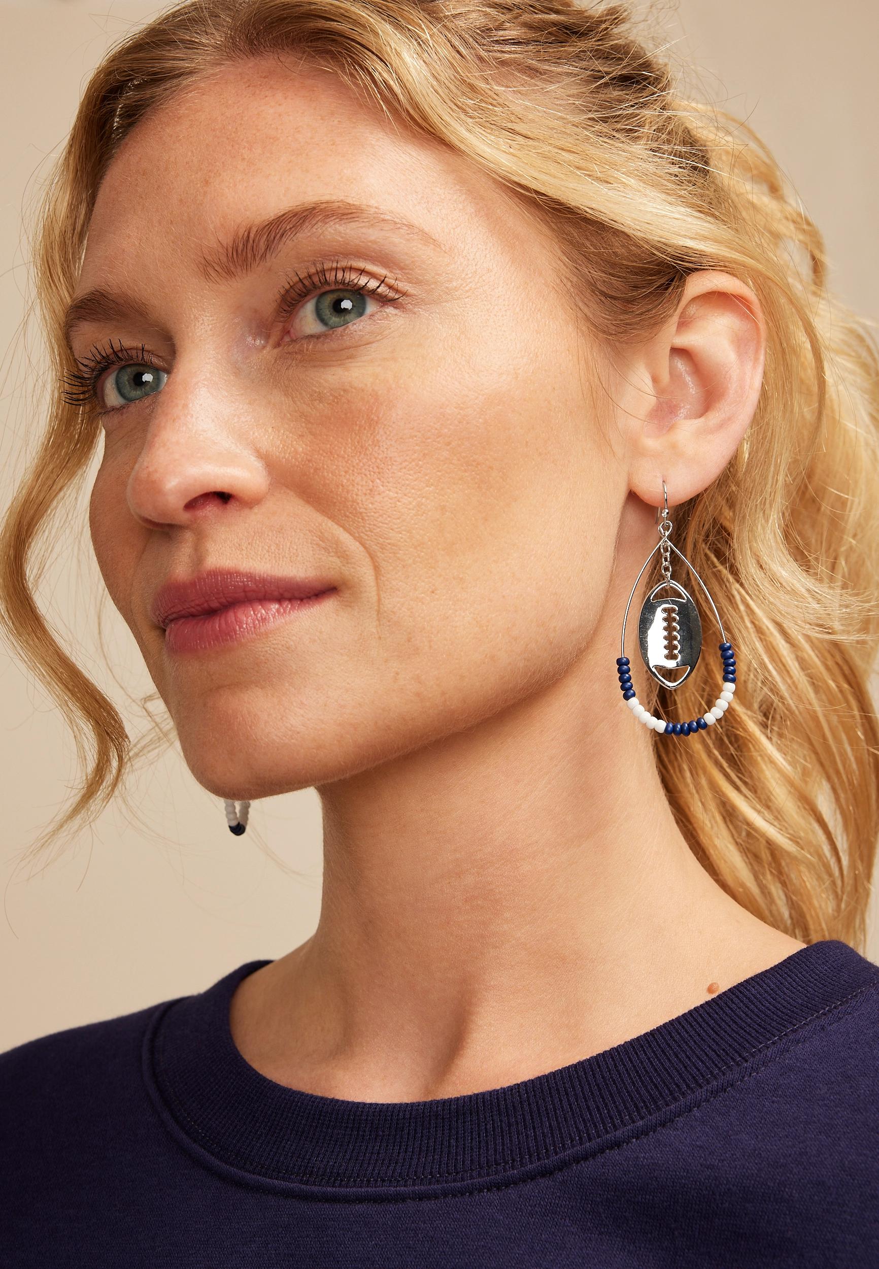 Game Day Navy Blue And White Beaded Teardrop Earrings Product Image