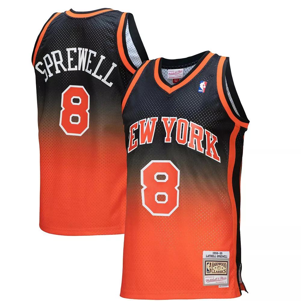 Men's Mitchell & Ness Latrell Sprewell Orange/Black New York Knicks 1998/99 Hardwood Classics Fadeaway Swingman Player Jersey,  Product Image