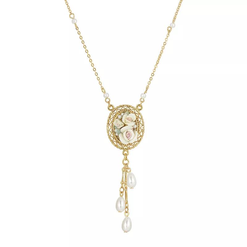 1928 Gold Tone Porcelain Rose Pendant Necklace with Simulated Pearl Drops, Womens, White Product Image