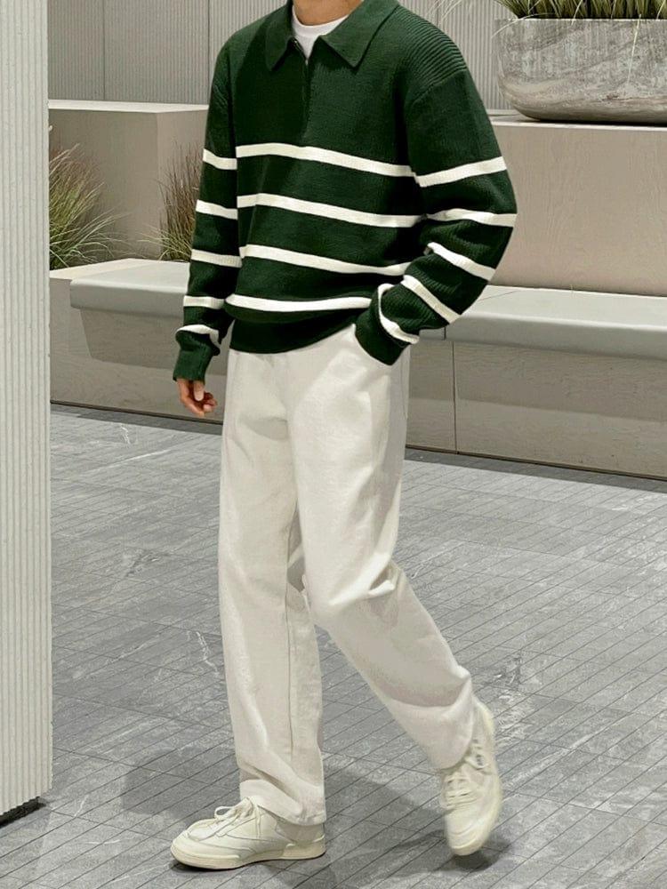 RT No. 11527 KNIT STRIP POLO ZIP-UP SWEATER Product Image