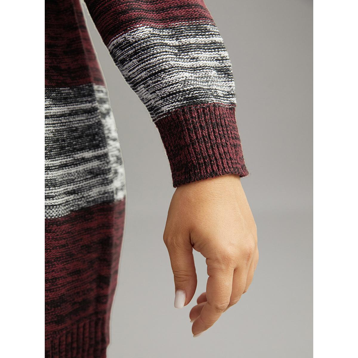 Plus Size Heather Colorblock Contrast Pocket Button Through Cardigan Burgundy Women Casual Loose Long Sleeve Everyday Cardigans BloomChic 14-16/1X Product Image