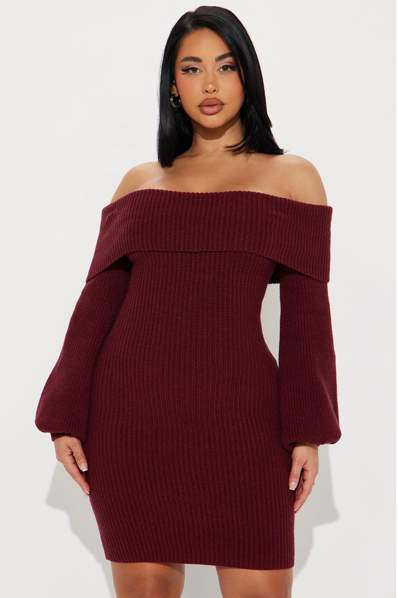 Faith Sweater Mini Dress - Burgundy Product Image