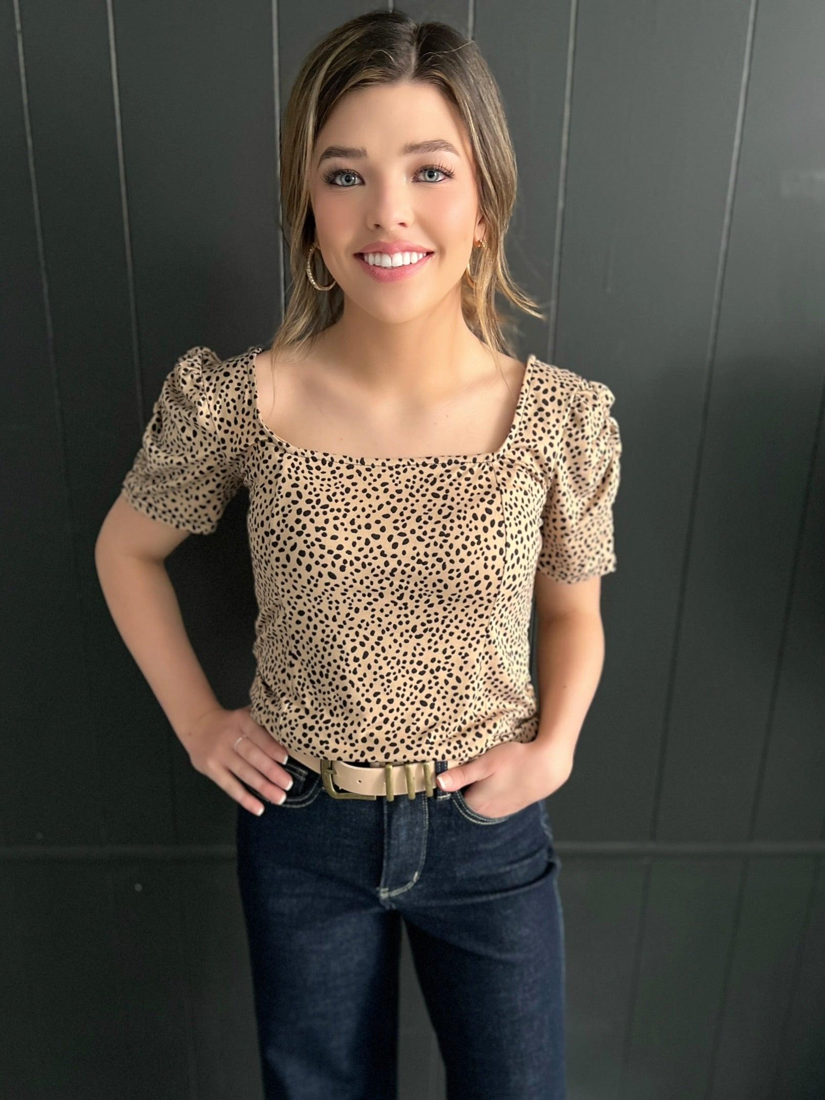 Cheetah Print Square Neck Short Sleeve Top Product Image