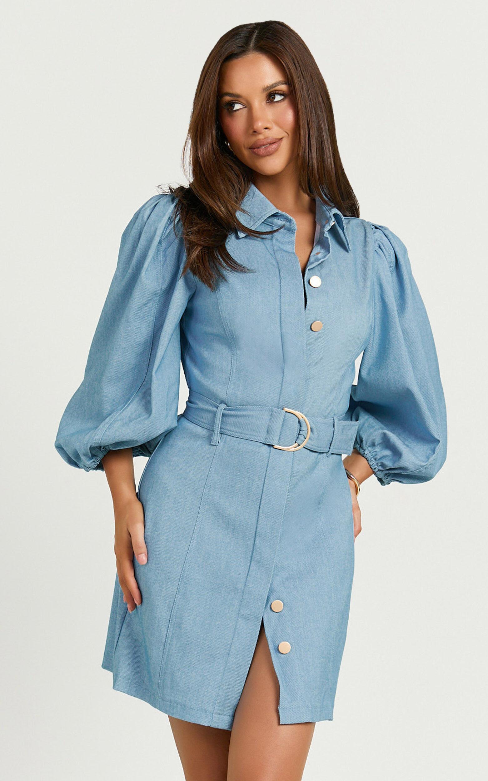 Aubrie Mini Dress - Blouson Sleeve Button Through Belted Dress with Hardware Detail in Light Blue Product Image