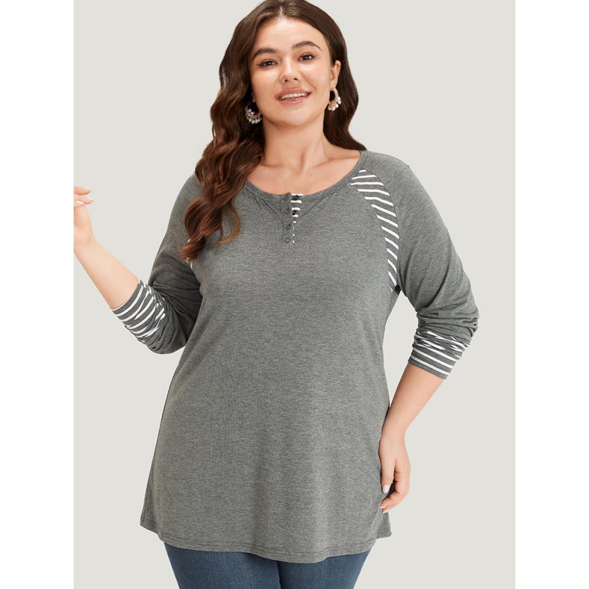 Plus Size Striped Patchwork Button Up Round Neck T-shirt DimGray Women Casual Contrast Striped Round Neck Dailywear T-shirts BloomChic 30/6X Product Image