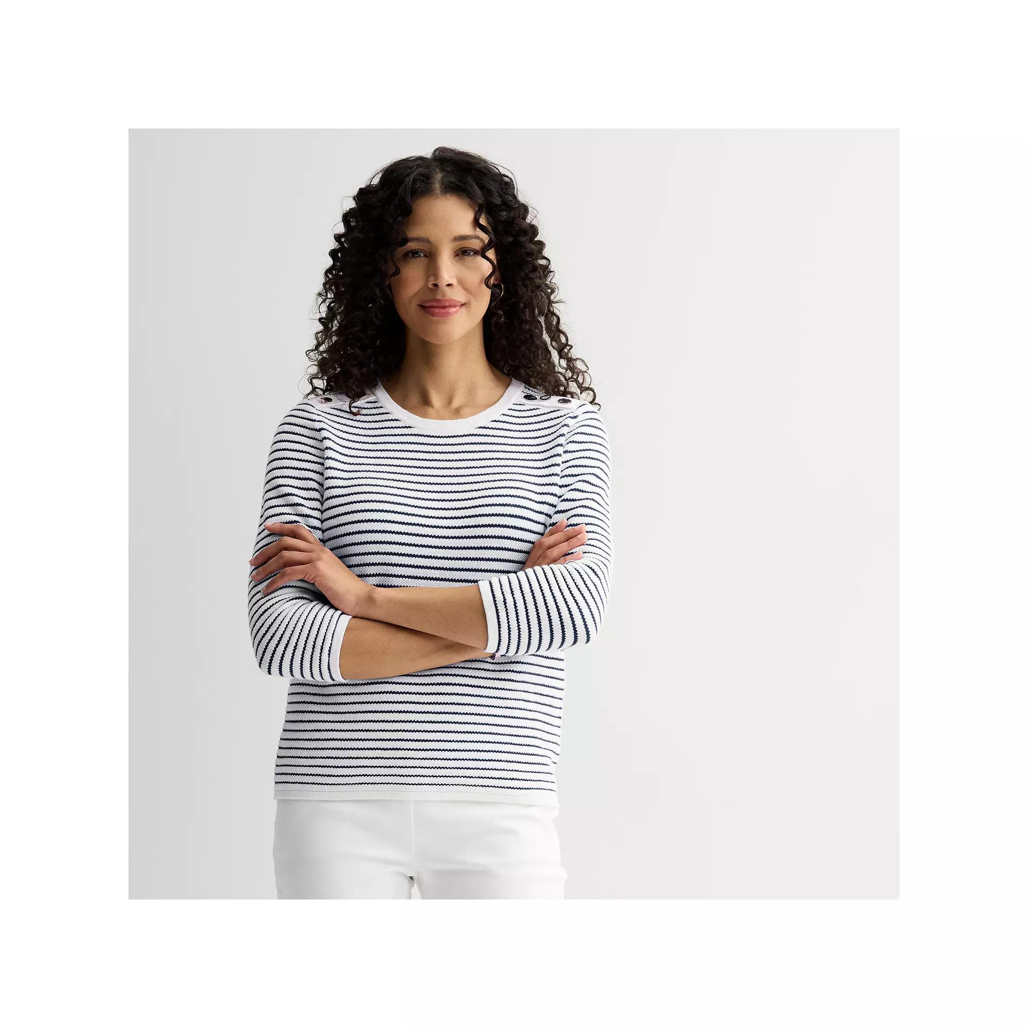 Women's Croft & Barrow® Textured Button Shoulder Pullover, Size: XS, Navy White Stripe Product Image