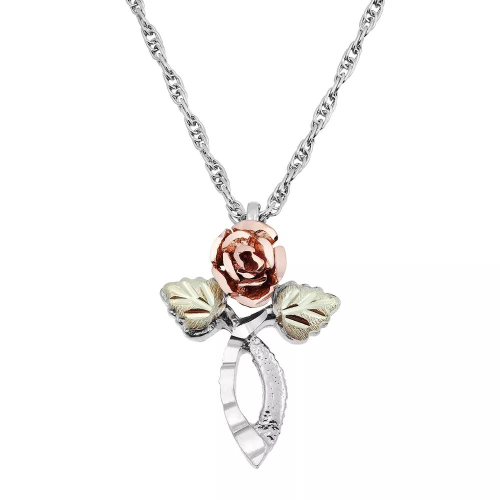 Black Hills Gold Tri Tone Rose Cross Pendant in Sterling Silver, Women's, Size: 18" Product Image
