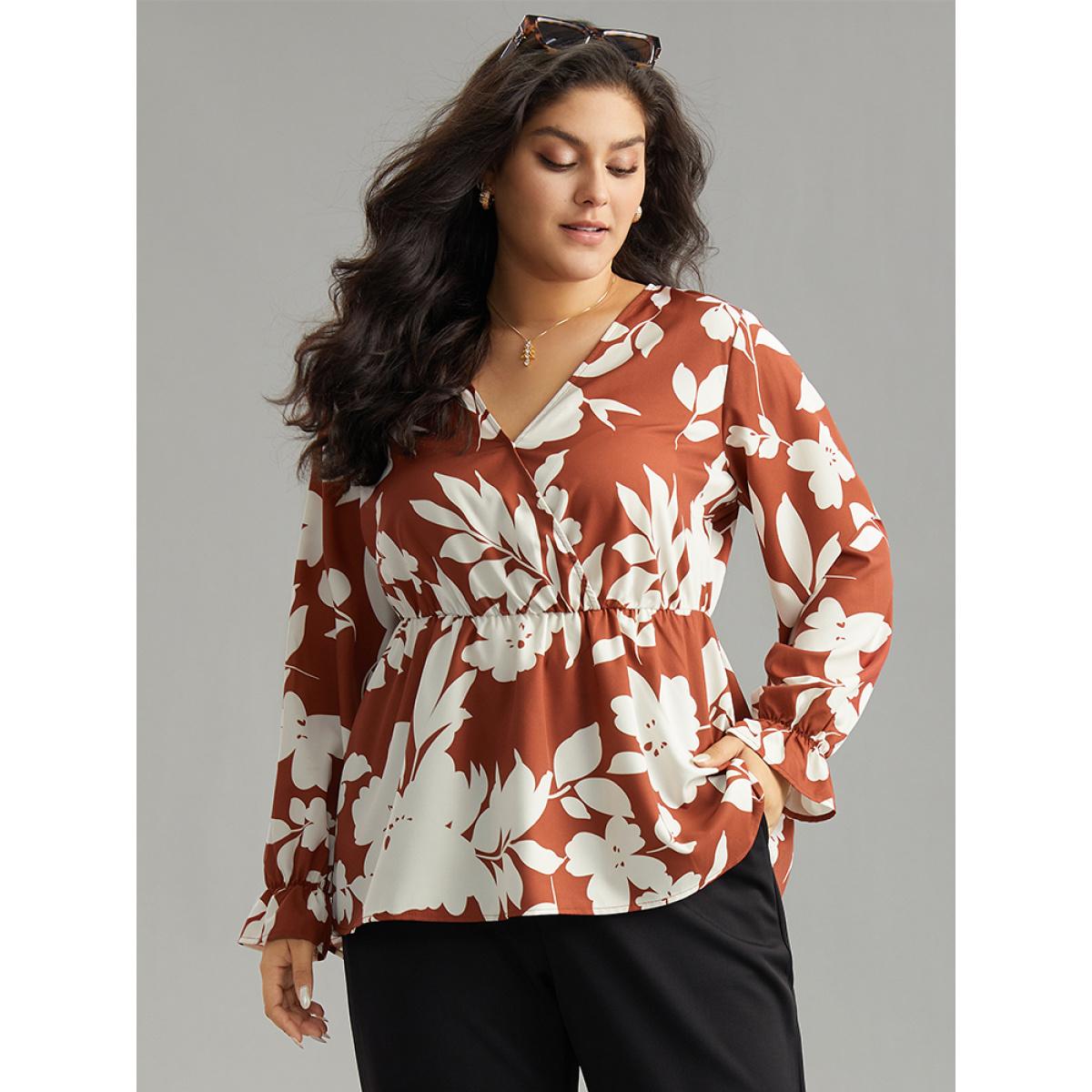 Plus Size Chocolate Silhouette Floral Print Elastic Waist Blouse Women Elegant Long Sleeve V-neck Dailywear Blouses BloomChic 22-24/3X Product Image