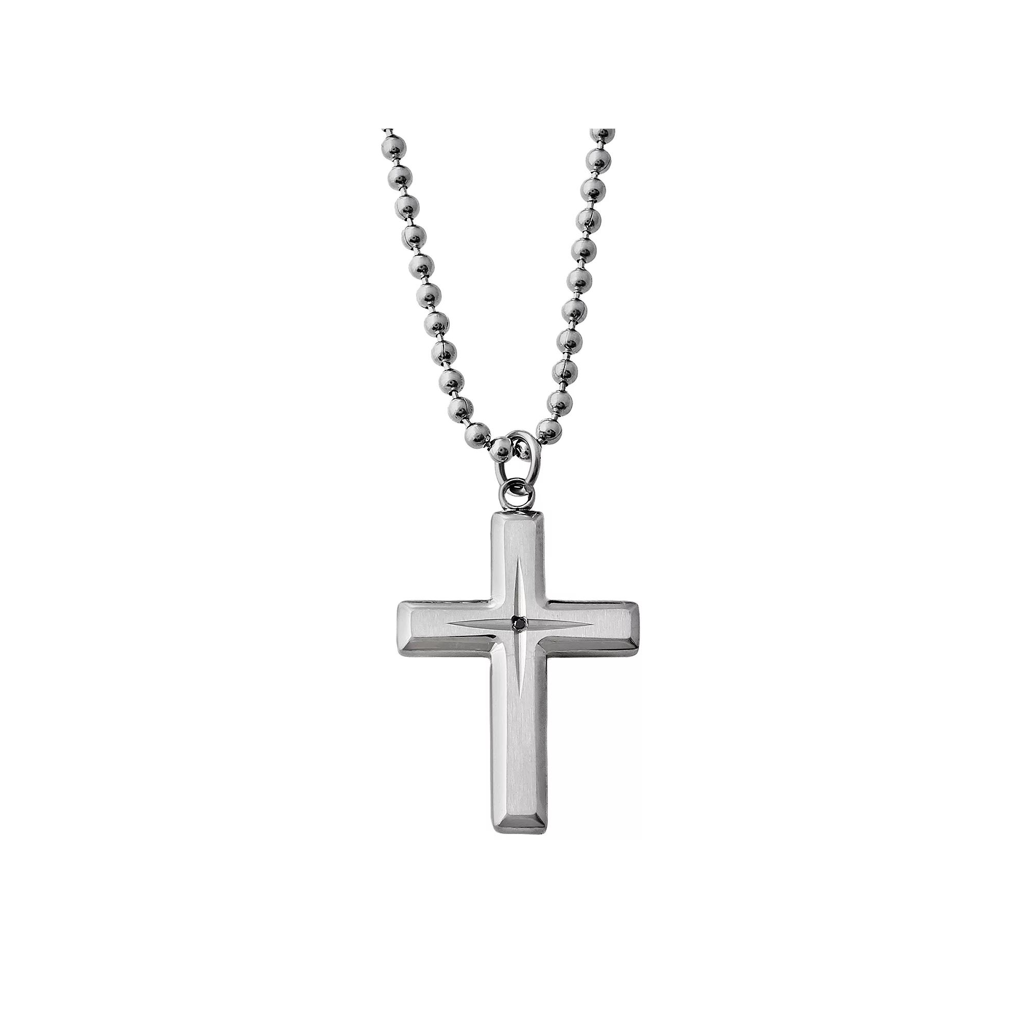 Stainless Steel Black Diamond Accent Cross Pendant - Men, Men's, Size: 24" Product Image