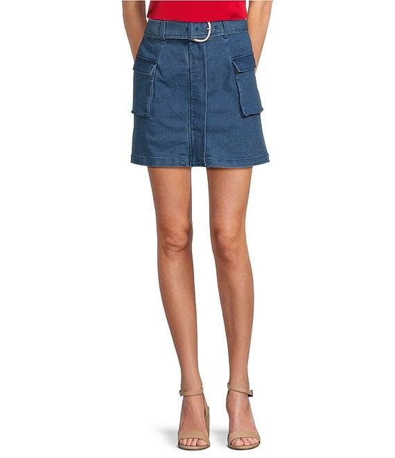 Skies Are Blue Stretch Denim Belted Cargo Mini Skirt Product Image