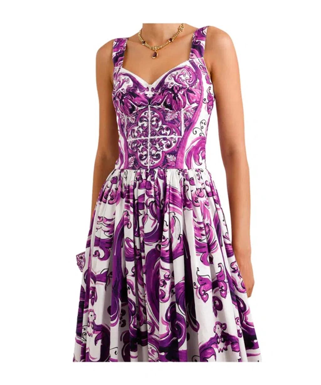 DOLCE & GABBANA Long Poplin Dress With Majolica Print In Purple Product Image