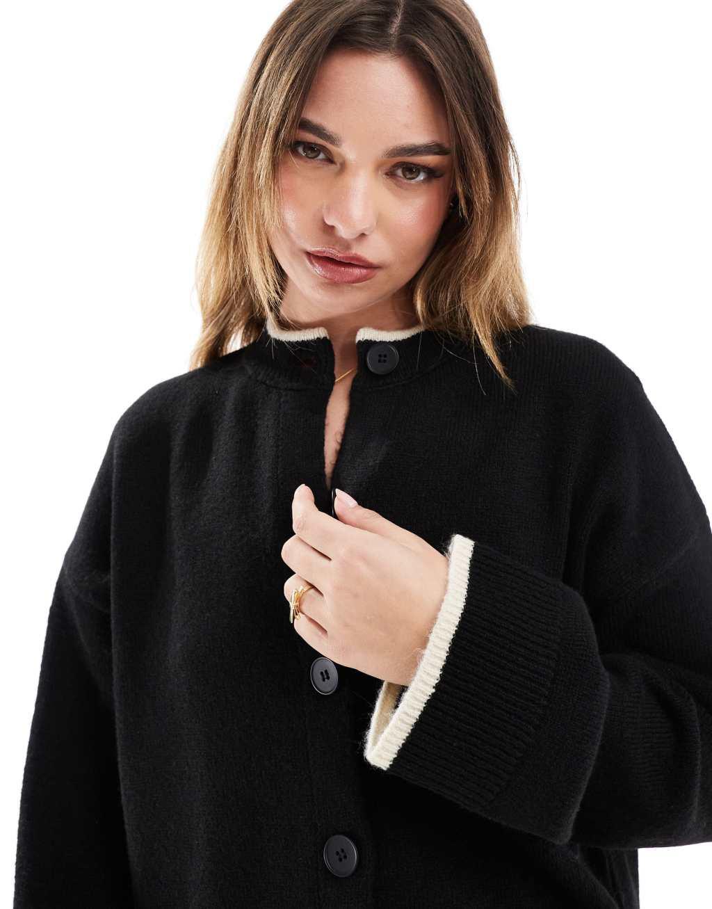 ASOS DESIGN knit crew neck cardigan with tipping detail in black Product Image