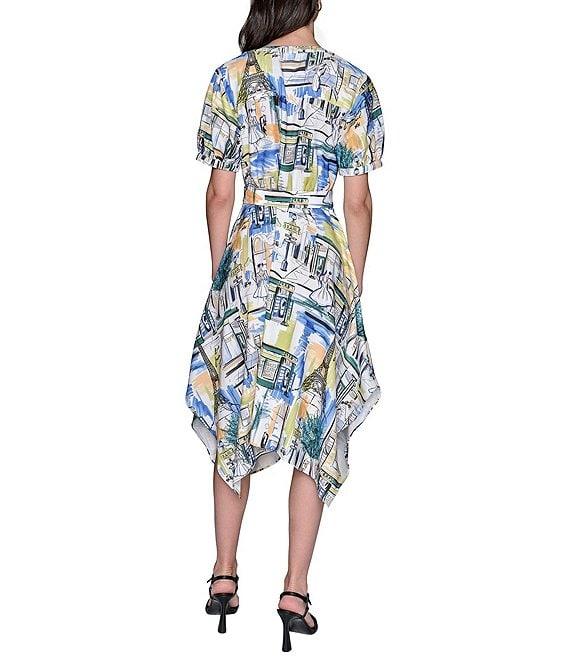 KARL LAGERFELD PARIS Handkerchief Hem Split V-Neckline Short Sleeve Button Front Shirt Midi Dress Product Image