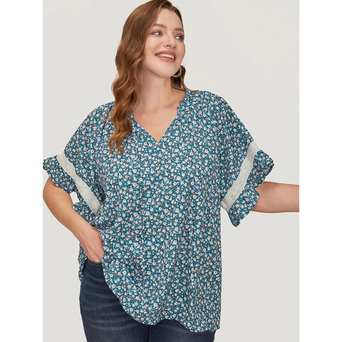 Plus Size Aegean Ditsy Floral Frill Trim Lace Ruffle Sleeve Tie Neck Blouse Women Elegant Short sleeve Tie Neck Dailywear Blouses BloomChic 18-20/2X Product Image