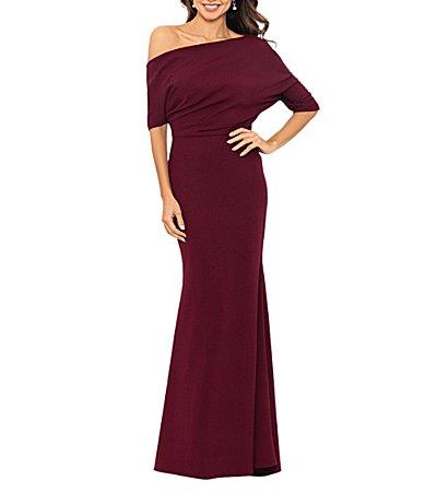 Betsy  Adam Scuba Crepe Asymmetric One Shoulder Short Sleeve Mermaid Gown Product Image