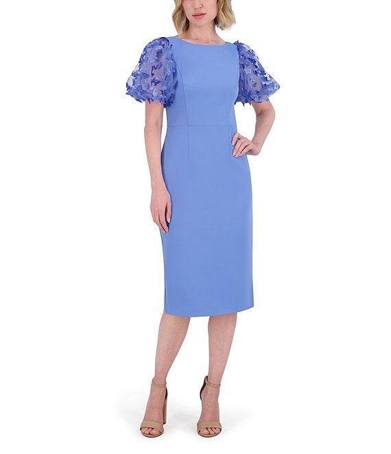 Eliza J Scuba Crepe Scoop Neck Short Puff Sleeve 3D Butterfly Sheath Midi Dress Product Image