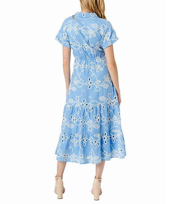 Sam Edelman Eyelet Embroidered Floral Point Collar Neck Short Sleeve Button Front A-Line Midi Dress Product Image
