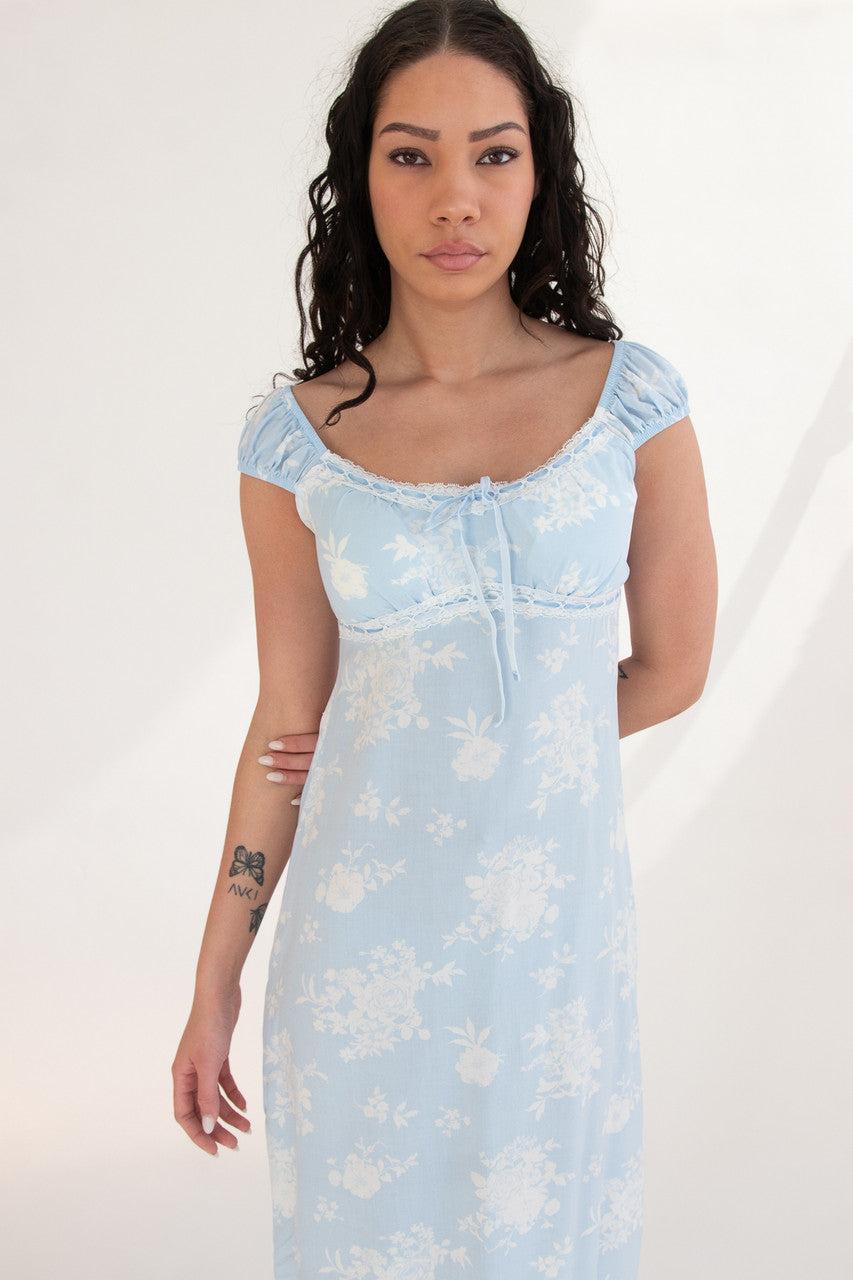 Puff Sleeve Lace Trim Floral Maxi Dress Product Image